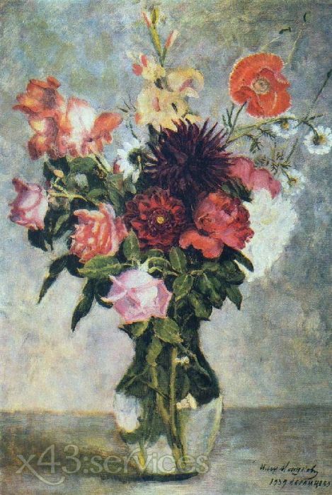 Ilya Mashkov - Blumenstrauss in einer Glasvase - Bouquet in a glass vase - zum Schließen ins Bild klicken